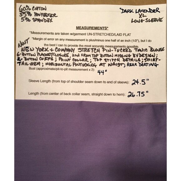 NEW YORK & COMPANY Stretch PIN-TUCKED Tunic Blouse, LILAC, NWT, Size XL - Picture 7 of 7